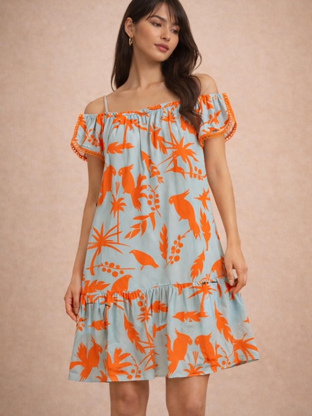 Joy Joy Blue Orange Print Dress Boho Tropical Chic S